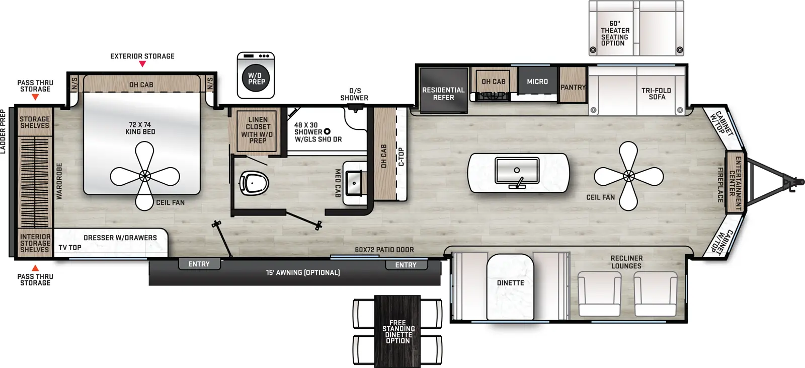 The 39MKTS has three slide outs and two entry doors. Exterior features an optional 15 foot awning. Interior layout front to back: entertainment center, with fireplace below and cabinet with top on either side; off door side slide out with tri-fold sofa, pantry, microwave, cook top stove, overhead cabinet, and residential refrigerator; kitchen island with sink and paddle fan; door side slide out with recliner lounges and dinette; countertop with overhead cabinet along inner wall; patio door entry; off door side full bathroom with medicine cabinet and linen closet; rear bedroom with off door side king bed slide out with overhead cabinet and night stands on each side, closet with washer/dryer prep, dresser with drawers and TV top on door side, rear wardrobe with storage shelves, and second entry door. Optional free standing dinette available in place of standard dinette.